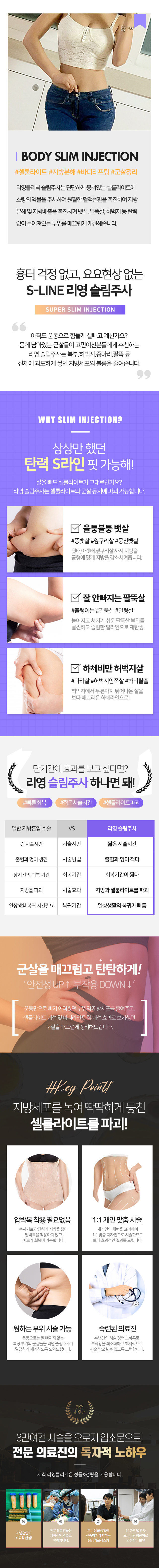 리영클리닉 슬림주사는 단단하게 뭉쳐있는 셀룰라이트 부위에 소량의 약물을 주사하여 원활한 혈액순환을 촉진하여 지방분해 및 지방배출을 촉진시켜 뱃살, 팔뚝살, 허벅지 등 탄력없이 늘어져있는 부위를 매끄럽게 개선해줍니다.